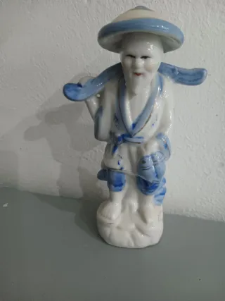 Figura Pescador Cerámica Azul Blanco