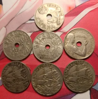 Lote de 7 monedas antiguas de España 25 centimos