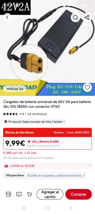 Cargador Batería 42V 2A XT60