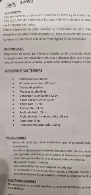 Silla de ducha y WC con ruedas sin estrenar