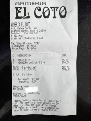 Monocular térmico HIKMICRO Lynx 2.0 LH15. Factura