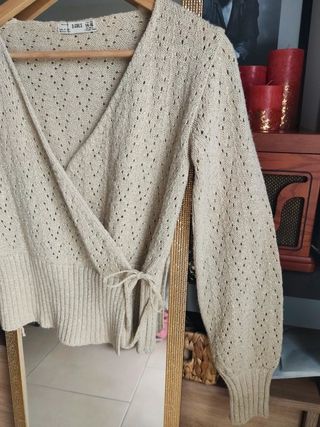 Chaqueta cárdigan punto beige dorado cruzada