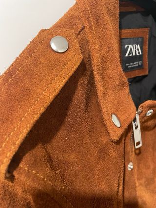 Cazadora Biker Zara Piel Serraje Marrón Hombre
