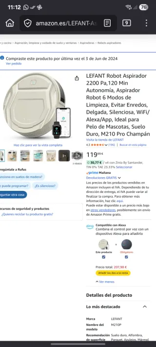 Robot Aspirador Lefant M210P WiFi Alexa