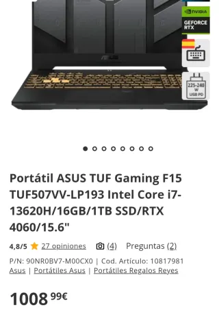 Portátil Asus TUF Gaming F15 i7 RTX 4060