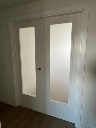 Puerta blanca doble con manillas y bisagras