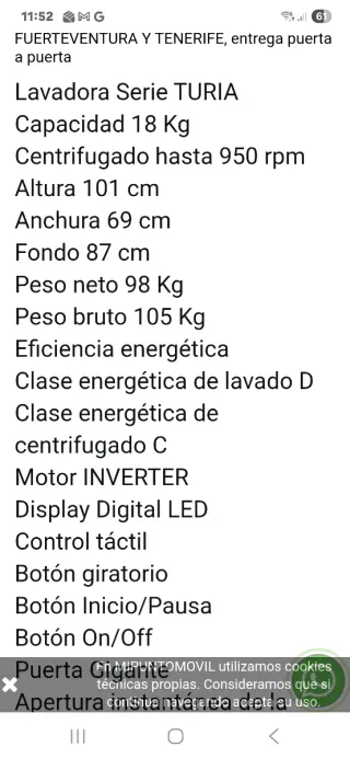 Lavadora Johnson TURIA180 Carga Frontal Nueva 18kg