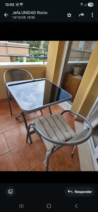 Mesa y 2 sillas terraza mimbre y aluminio