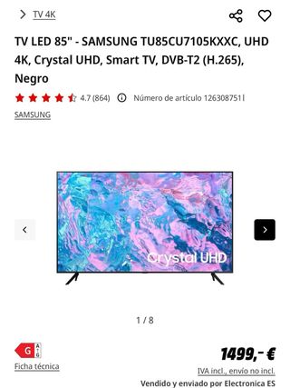 TV Samsung TU85CU7105KXXC 85” Crystal UHD 2024