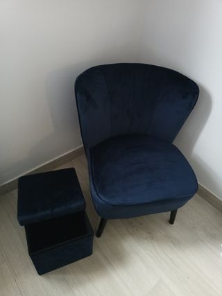 Butaca lounge terciopelo azul + caja almacenaje