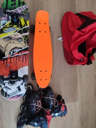 Conjunto Patines, Skate y Bolso Rojo
