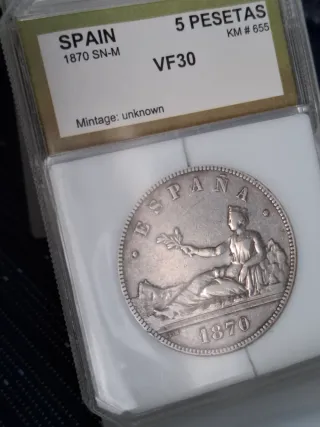 España 5 Pesetas Plata 1870 SN-M VF30