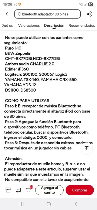 Receptor Bluetooth 30 pines iPod