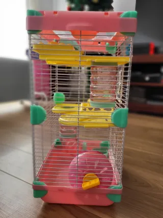 Jaula hámster 2 pisos rosa y amarillo