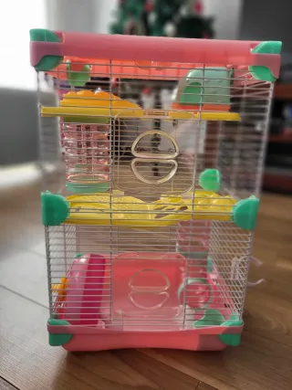 Jaula hámster 2 pisos rosa y amarillo