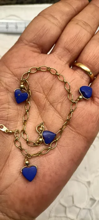 Pulsera Oro 14K Corazones Lapislázuli
