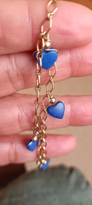 Pulsera Oro 14K Corazones Lapislázuli