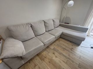 Sofá chaiselongue tela beige/gris