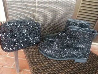 Botas y bolso fiesta lentejuelas negro, sin estren