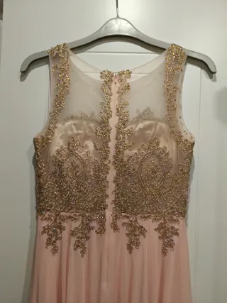 Vestido Gala Rosa Largo Pedrería Dorada