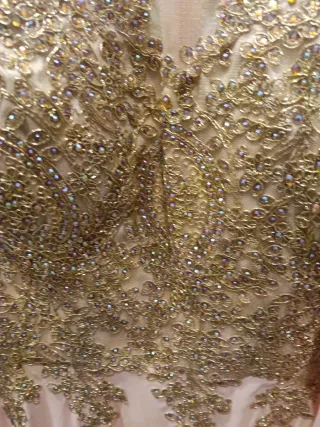 Vestido Gala Rosa Largo Pedrería Dorada