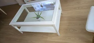 Mesa centro cristal y madera blanca