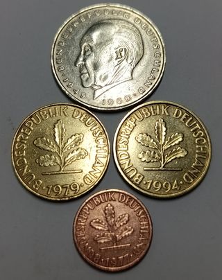 Lote 4 monedas Alemania: 2M, 10 y 1 Pfennig MBC