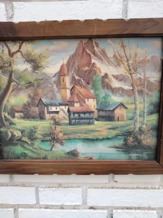 Cuadro antiguo Bodegón floral y Paisaje rural