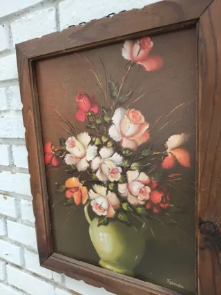 Cuadro antiguo Bodegón floral y Paisaje rural