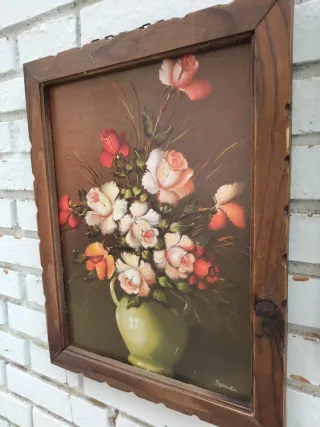 Cuadro antiguo Bodegón floral y Paisaje rural