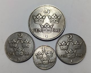 Lote 4 monedas Suecia Gustav V (5, 2, 1 öre)