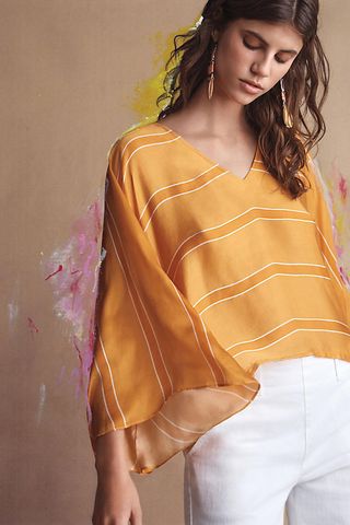 Top kimono de seda amarillo de Anthropologie XS