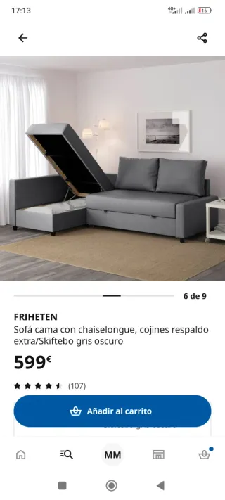 Sofá cama chaiselongue azul con arcon