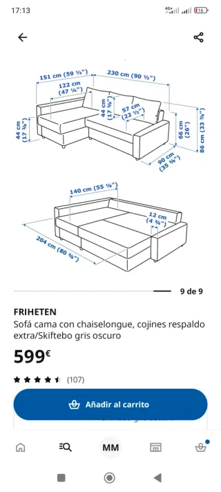 Sofá cama chaiselongue azul con arcon