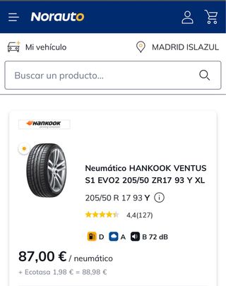 Neumático Hankook Ventus S1 Evo2 205/50ZR17 93Y