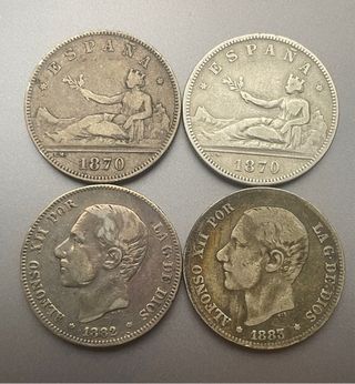 2 pesetas 1883 1882 y 1870. Alfonso XII y Gob Prov
