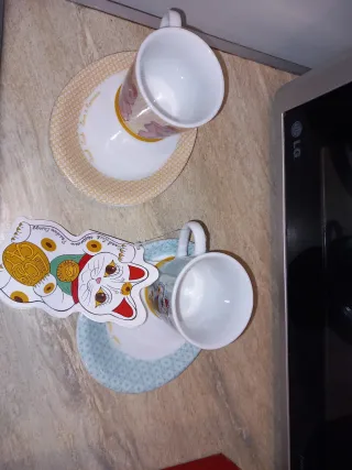 Juego 6 Tazas Gato Suerte Maneki Neko porcelana