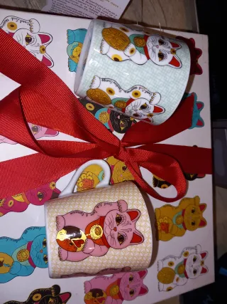 Juego 6 Tazas Gato Suerte Maneki Neko porcelana