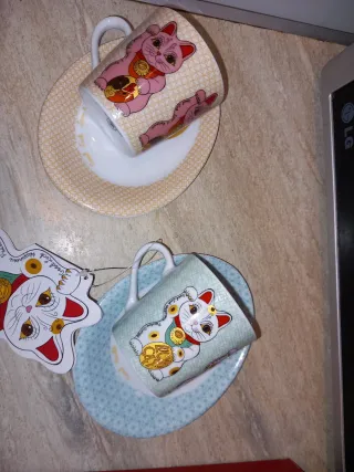 Juego 6 Tazas Gato Suerte Maneki Neko porcelana
