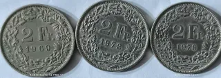 3 Monedas Suiza 2 Francos (1969, 1972, 1978)