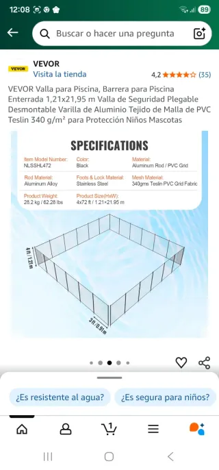 Barrera Piscina Aluminio y Tela 1.21 x 21.95