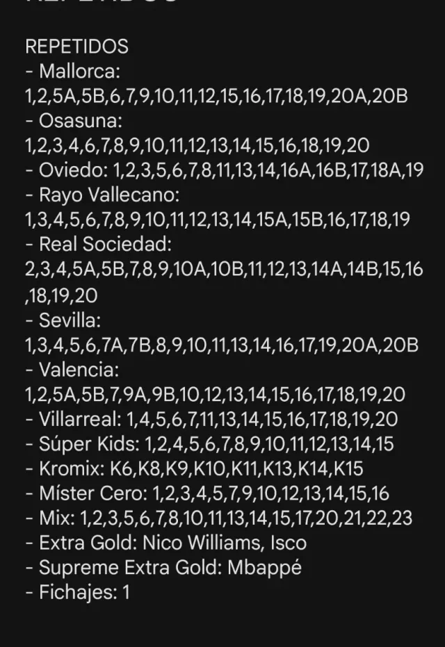 Faltas y repetidos cromos Liga Este Panini 25/26