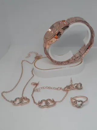 Reloj Geneva Mujer Oro Rosa + Cadena y Pendientes