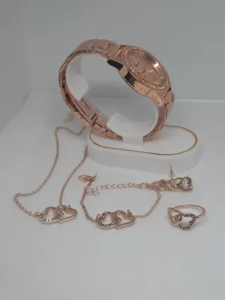 Reloj Geneva Mujer Oro Rosa + Cadena y Pendientes