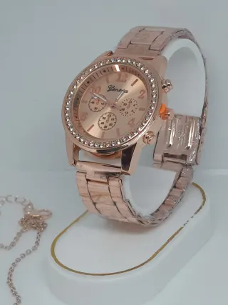 Reloj Geneva Mujer Oro Rosa + Cadena y Pendientes