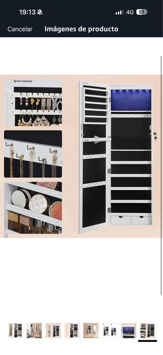 Armario Joyero Blanco con Espejo y Luz LED