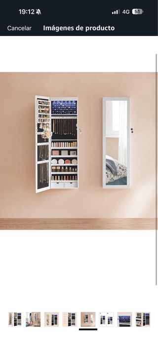 Armario Joyero Blanco con Espejo y Luz LED