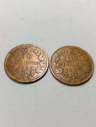 Lote 2 monedas 10 cent. Italia 1867-1894 MBC