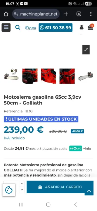 Motosierra Gasolina Goliath CH-65A sin estrenar