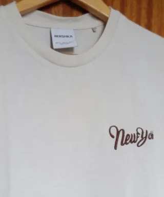 Camiseta Bershka Beige XS Oversize Banderines USA